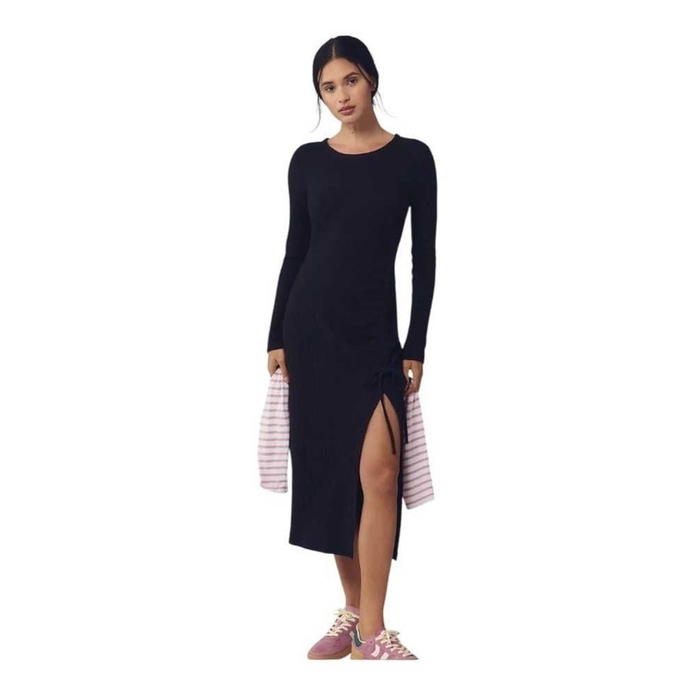 Daily Practice by Anthropologie Black Ribbed Long-Sleeve Midi Dress L – NWT - Picture 3 of 13